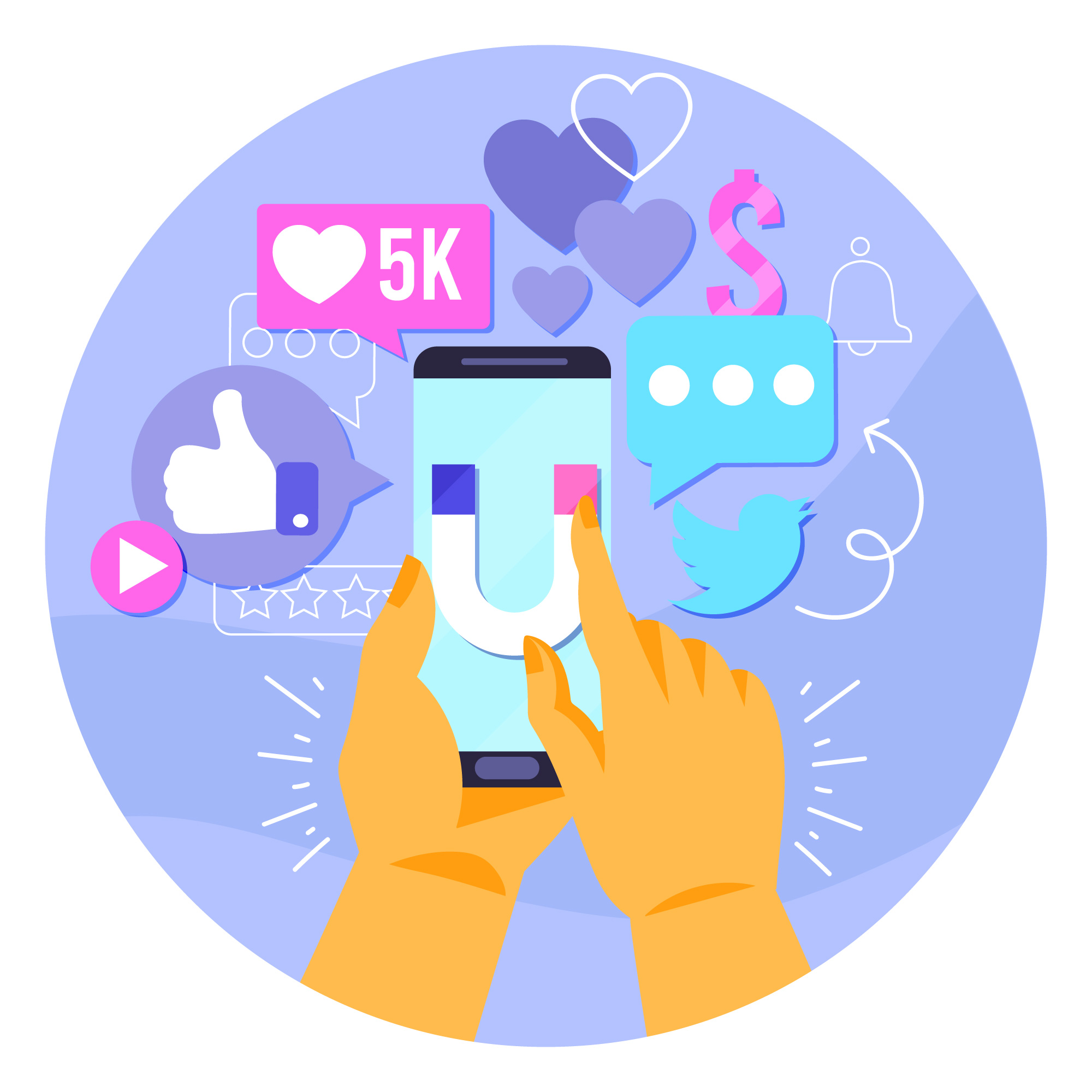 Smartphone umgeben von Likes, Tweets, Shares, Bewertungen und anderen Social-Media-Elementen